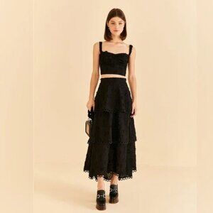 NWT Farm Rio Black 3d Flower Tiered Maxi Skirt Size Small